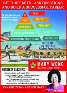 Mary Wong Insurance is hiring.  We are actively seeking individuals who are interested in a career in the financial industry.